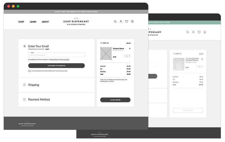 Checkout wireframes for The Soap Dispensary website