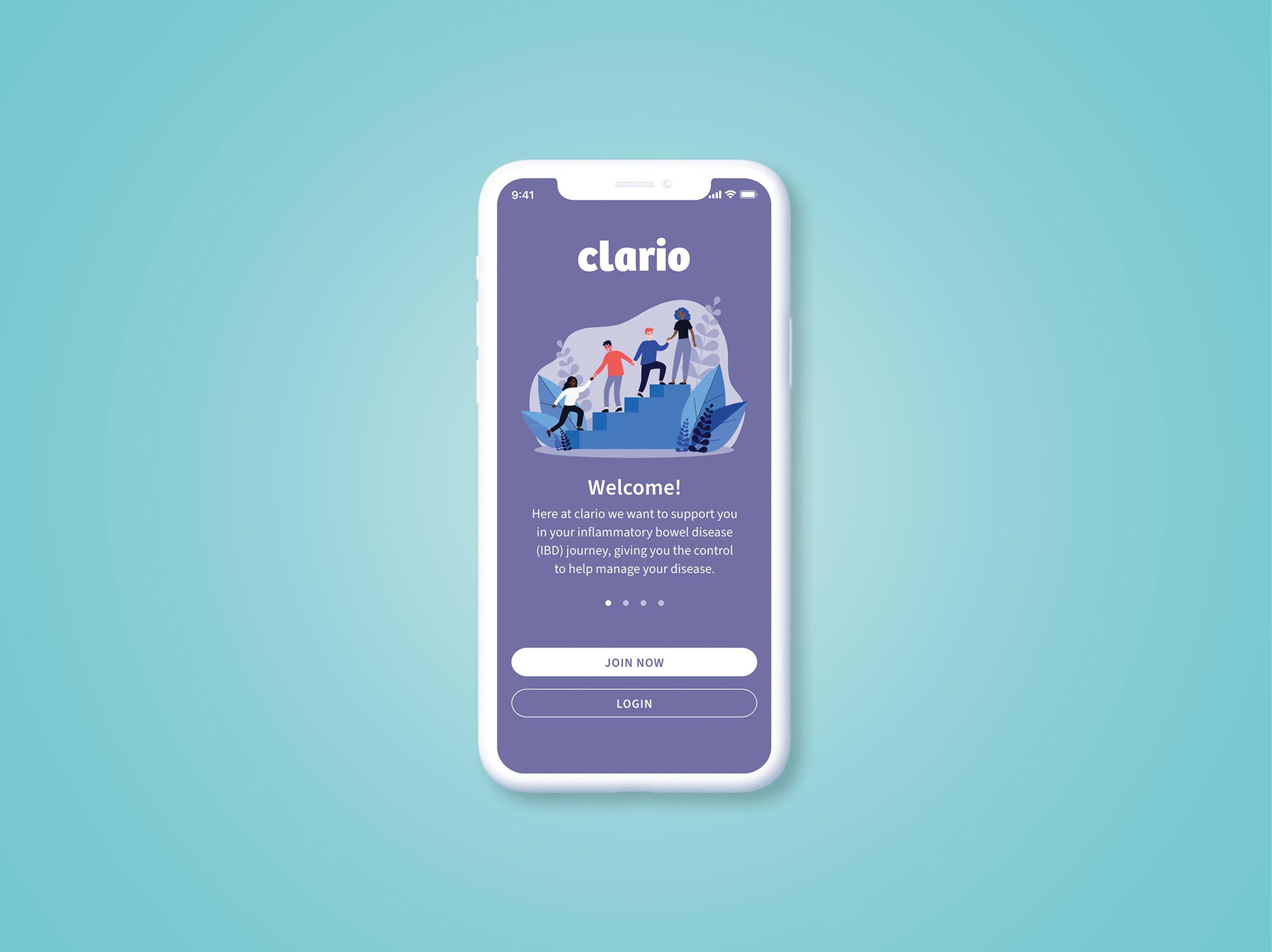 Clario welcome screen mockup
