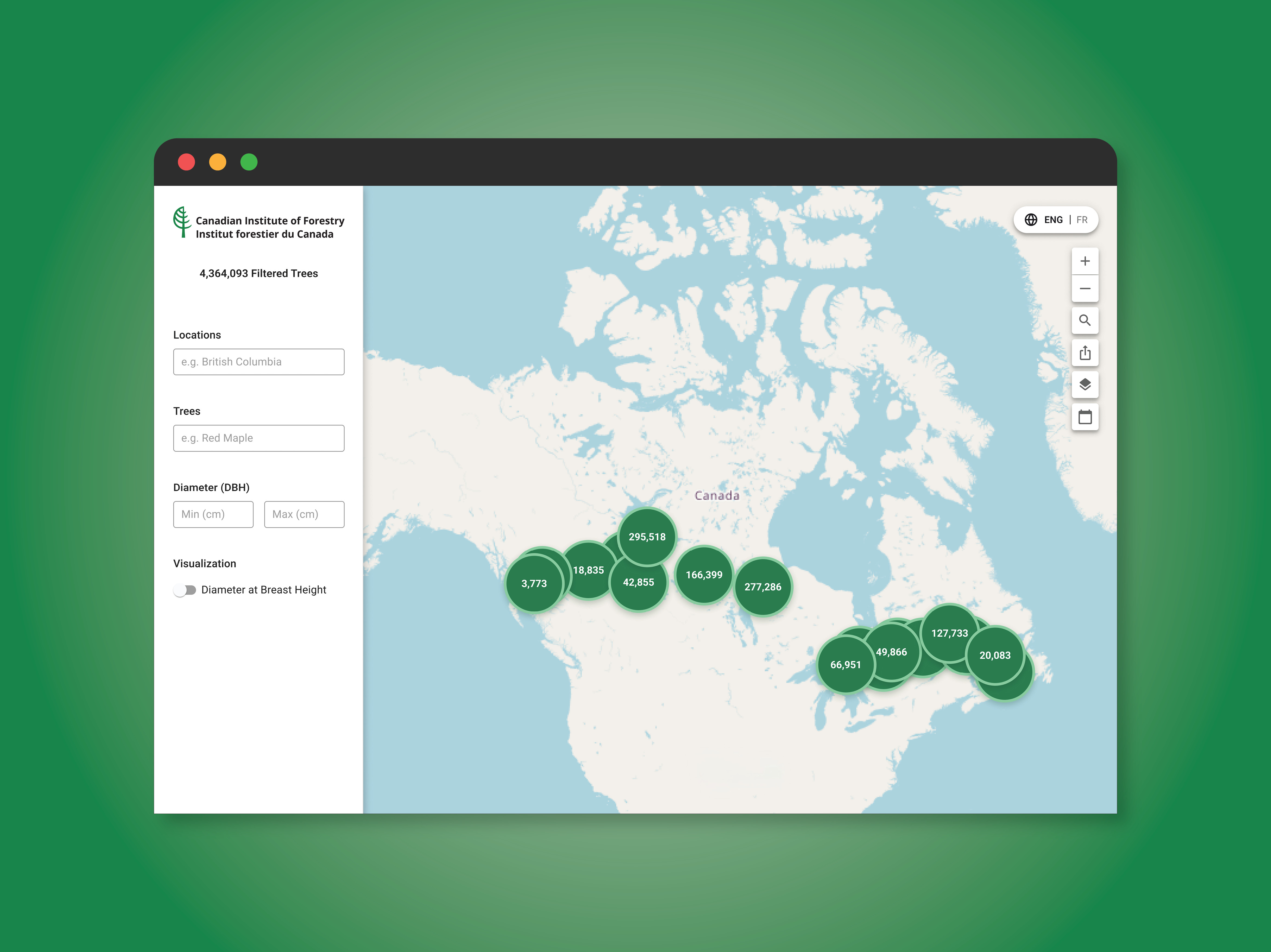 Browser window showing the Canadian Institute of Forestry tree map, with filter controls on the left and a map of Canada covered in green clusters of tree counts.