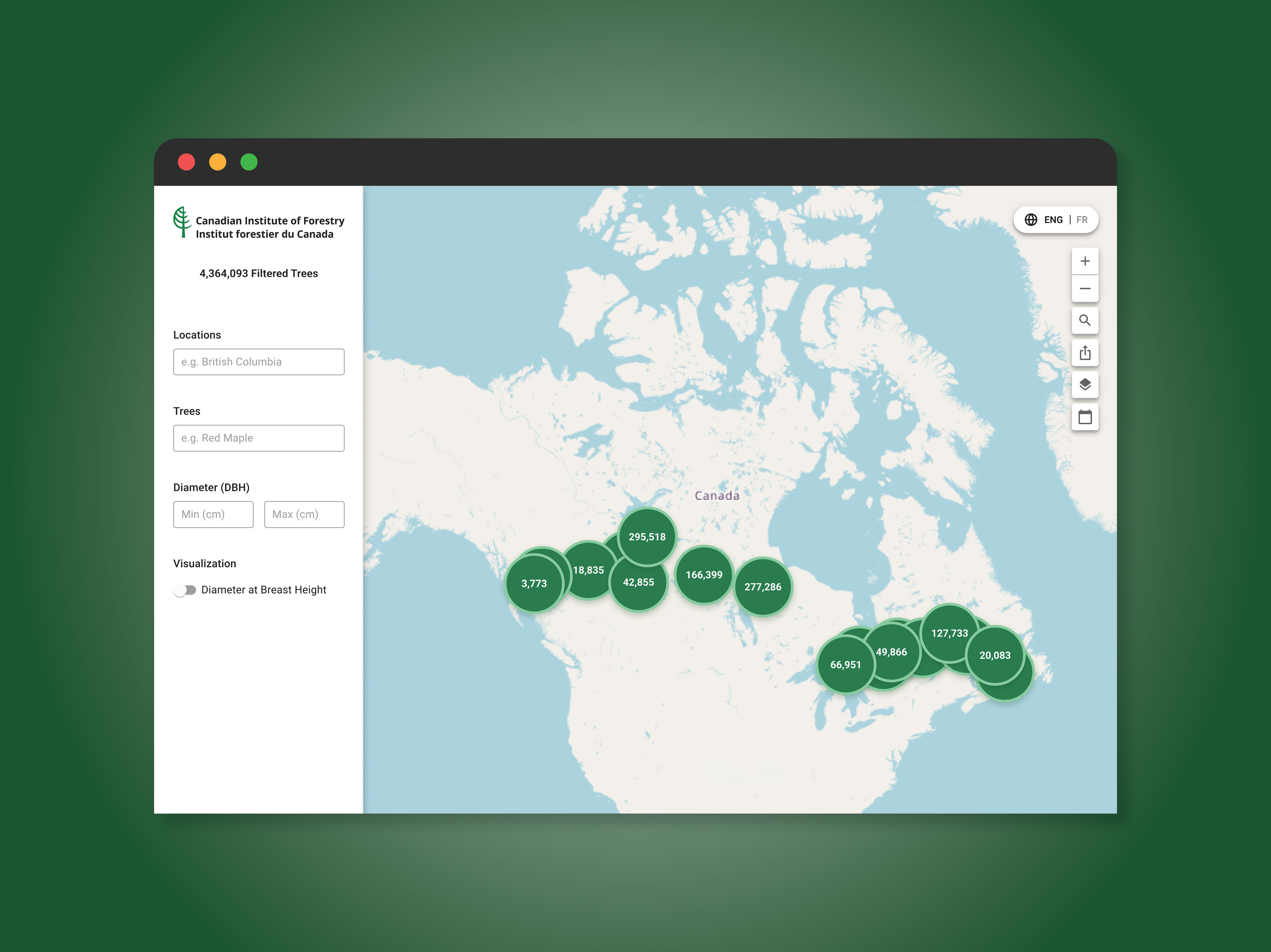 Browser window showing the Canadian Institute of Forestry tree map, with filter controls on the left and a map of Canada covered in green clusters of tree counts.
