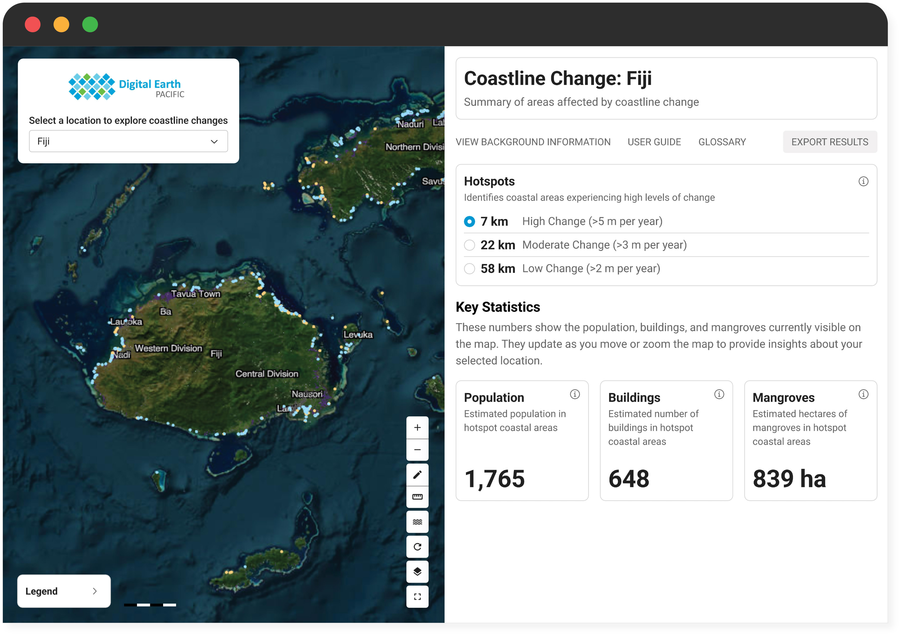 Browser window showing the Coastline Change Dashboard, with a satellite map of Fiji beside a panel of coastline hotspot and key statistics.