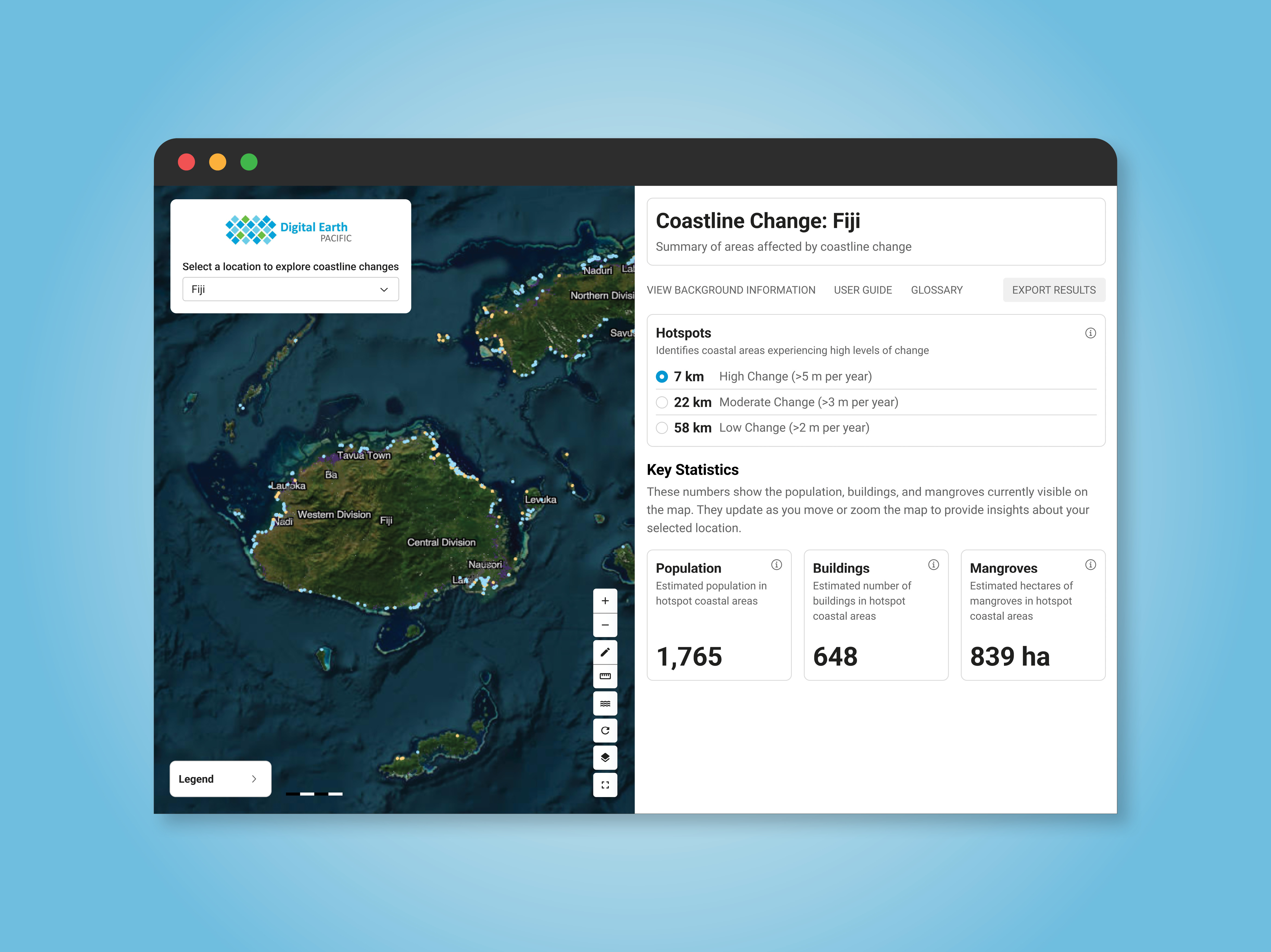 Browser window showing the Coastline Change Dashboard, with a satellite map of Fiji beside a panel of coastline hotspot and key statistics.