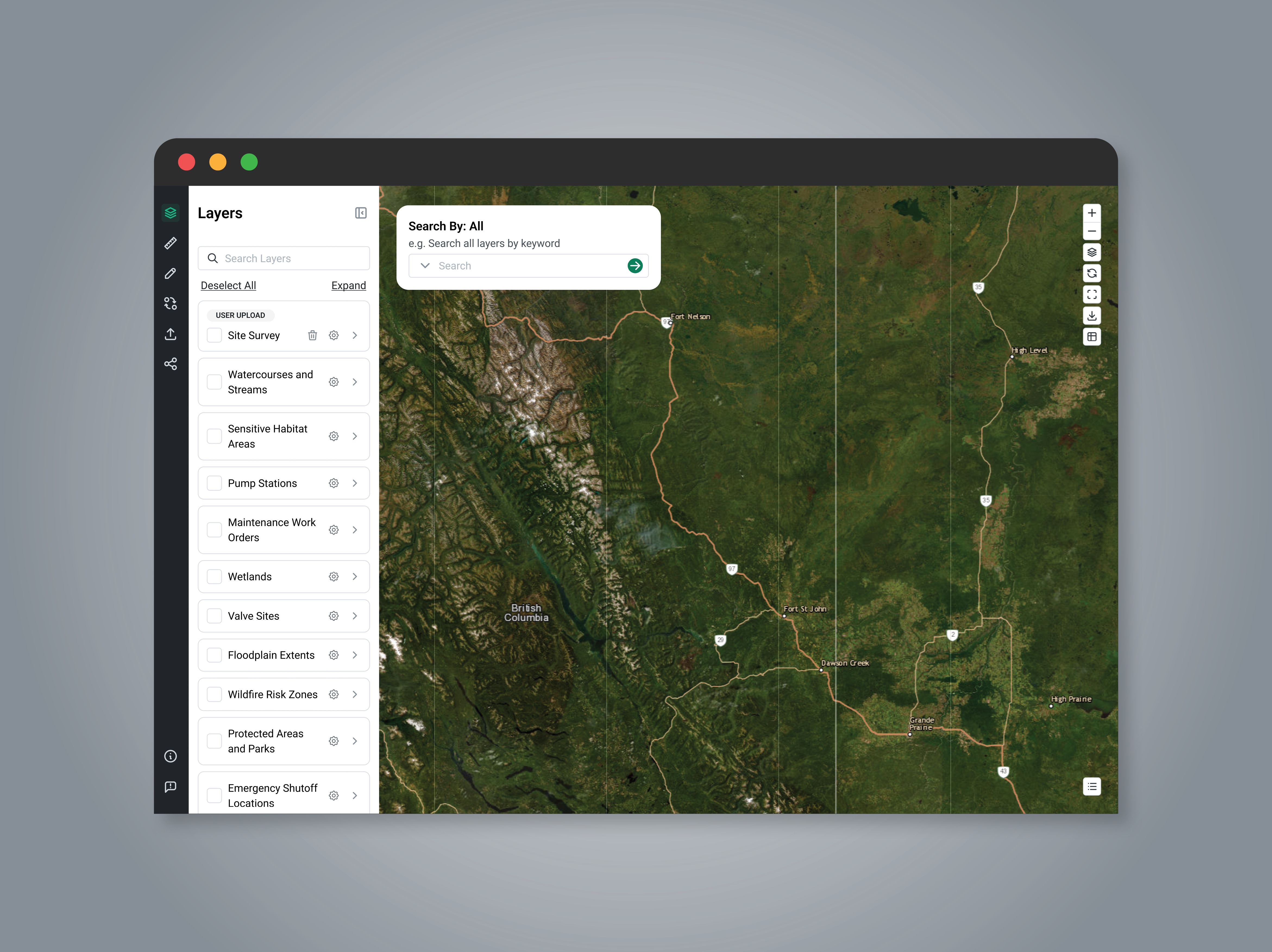Browser window showing a map viewer with a Layers panel on the left and a satellite map of northern British Columbia and Alberta.