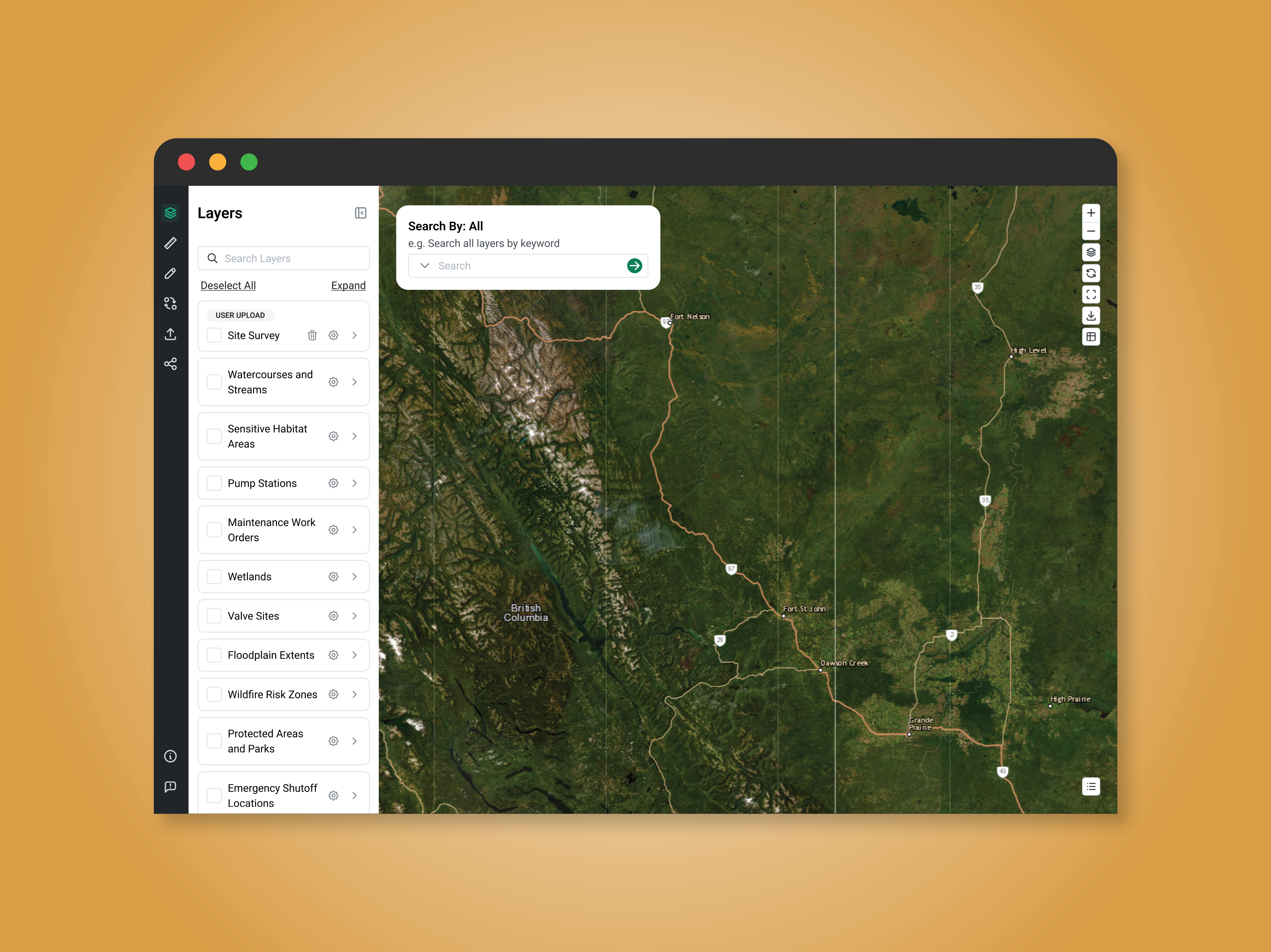 Browser window showing a map viewer with a Layers panel on the left and a satellite map of northern British Columbia and Alberta.