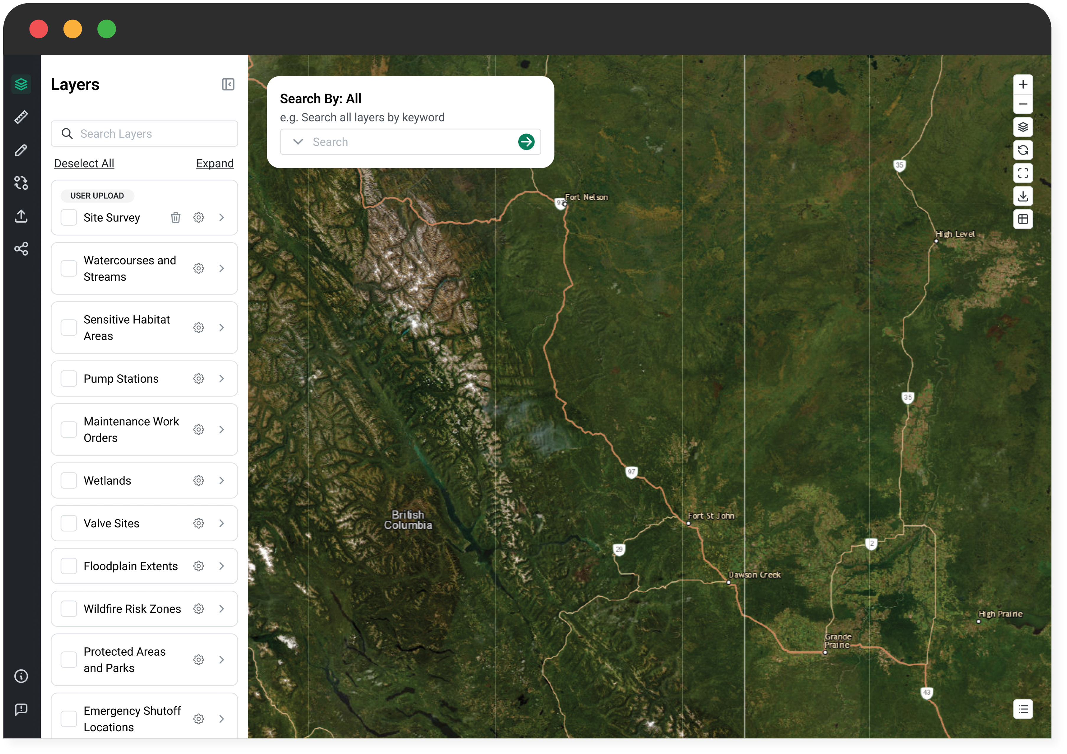 Browser window showing a map viewer with a Layers panel on the left and a satellite map of northern British Columbia and Alberta.