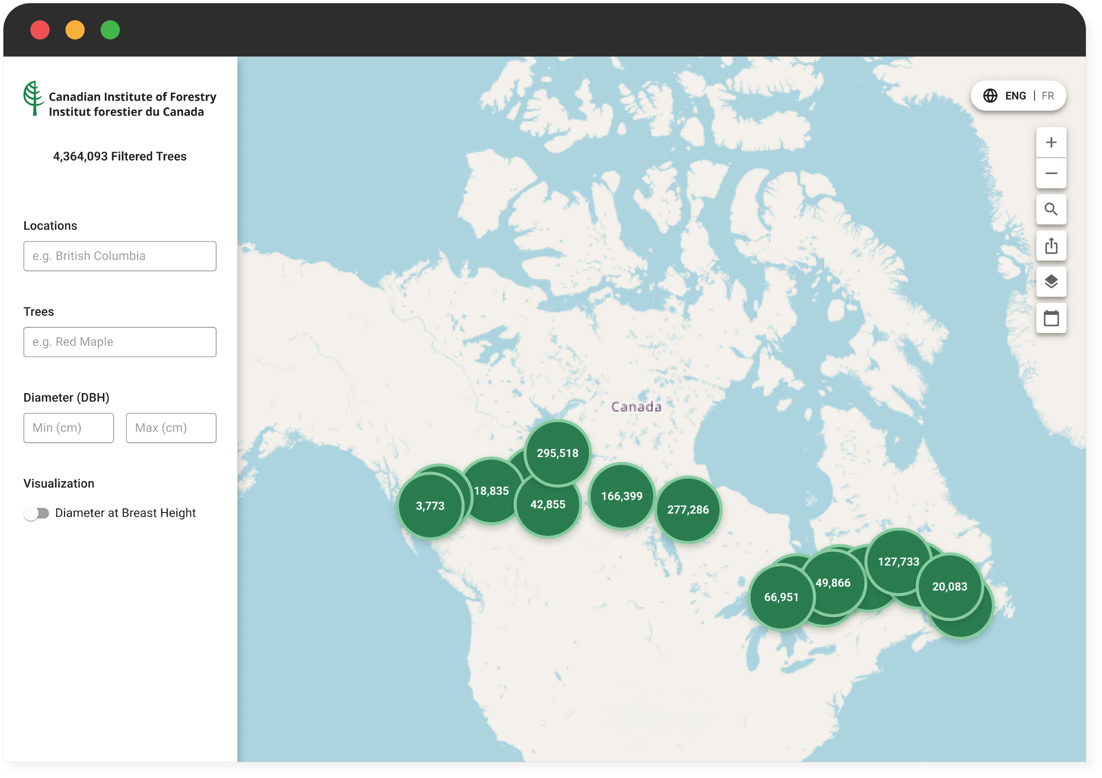 Browser window showing the Canadian Institute of Forestry tree map, with filter controls on the left and a map of Canada covered in green clusters of tree counts.